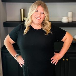 Black Ribbed Dress, lightweight, short sleeves. Is a tad fitted and sized up.